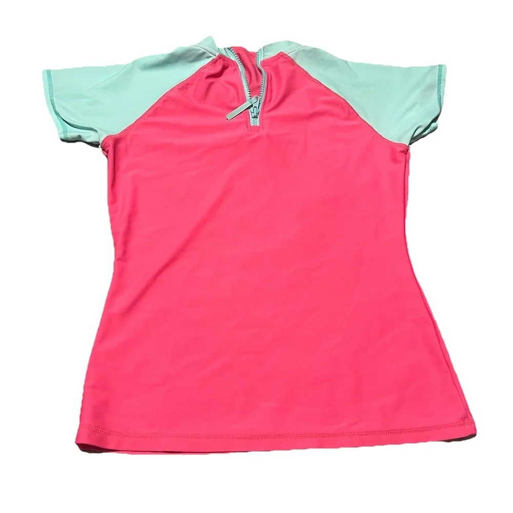 Eddie Bauer Swim Shirt Girls Size L 14/16 Green Pink Short Sleeve Mock Neck‎